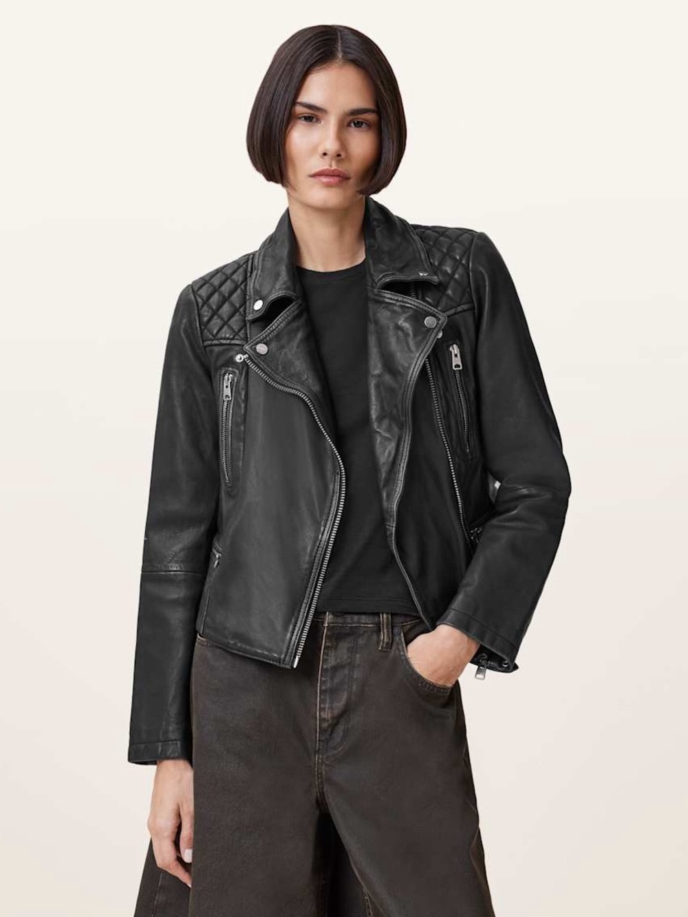 All Saints Black Quilted Leather Moto Jacket